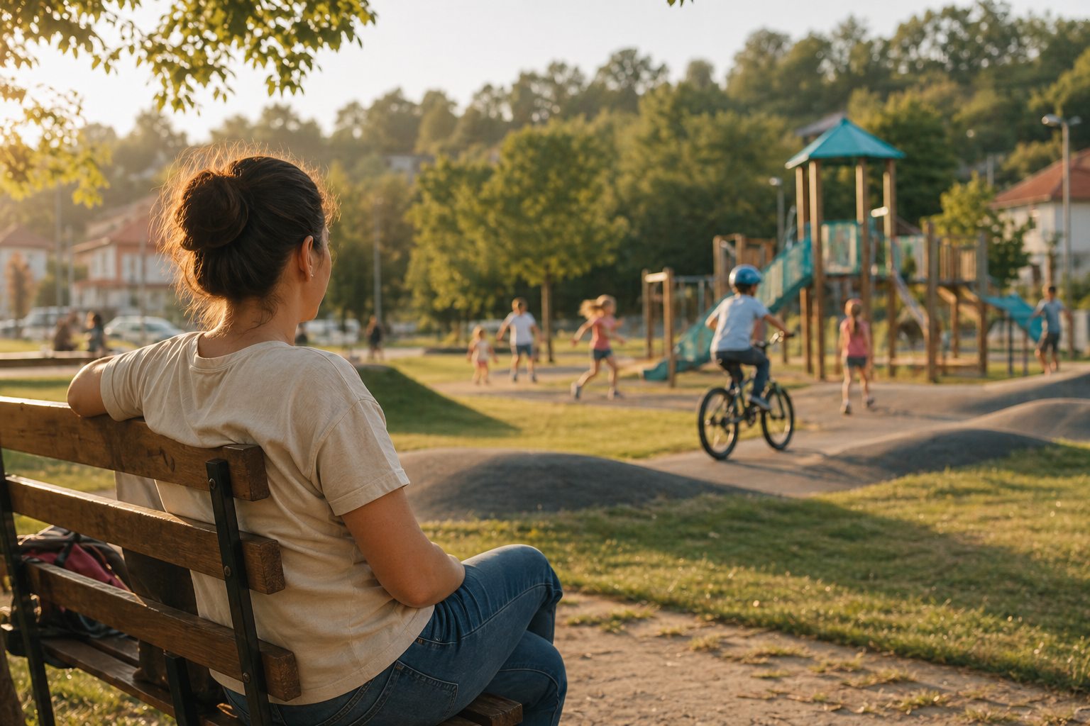 Un părinte privește liniștit copiii care se joacă &icirc;n parc